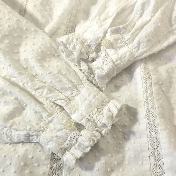 Loft White Clip Lace Trim Ruffle Blouse in Swiss Dot with Lace Inserts, small - Picture 6 of 10